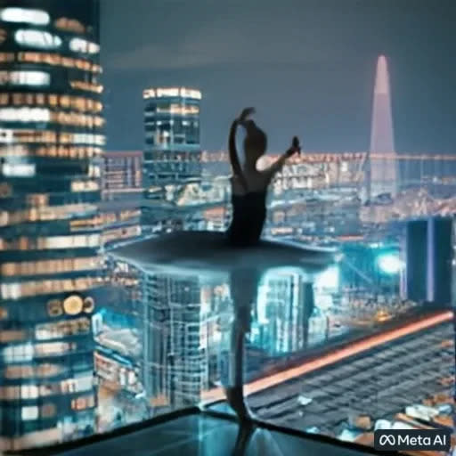 <div class="inline-image__caption"><p>Prompt: A ballerina performs a beautiful and difficult dance on the roof of a very tall skyscraper. </p></div> <div class="inline-image__credit">Meta</div>