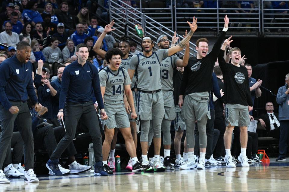 Feb 2, 2024; Omaha, Nebraska, USA; sThe Butler Bulldogs bench reacts to a basket against the Creighton Bluejays in the first half at CHI Health Center Omaha. Mandatory Credit: Steven Branscombe-USA TODAY Sports