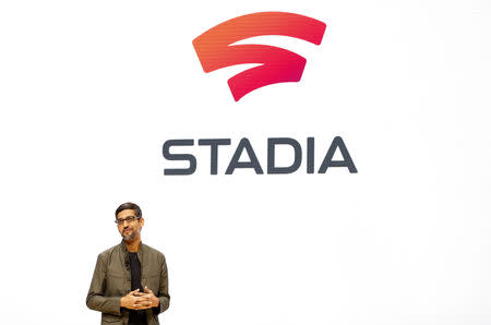 Google CEO Sundar Pichai speaks during a Google keynote address announcing a new video gaming streaming service named Stadia that attempts to capitalize on the company's cloud technology and global network of data centers, at the Gaming Developers Conference in San Francisco, California, U.S., March 19, 2019. REUTERS/Stephen Lam