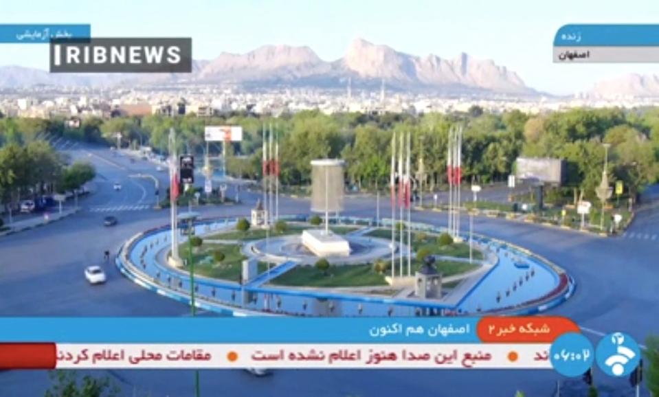 A handout image grab made available by the Iranian state TV, the Islamic Republic of Iran Broadcasting (IRIB), shows what the TV said was a live picture of the city of Isfahan early on Friday (IRANIAN STATE TV (IRIB)/AFP via)