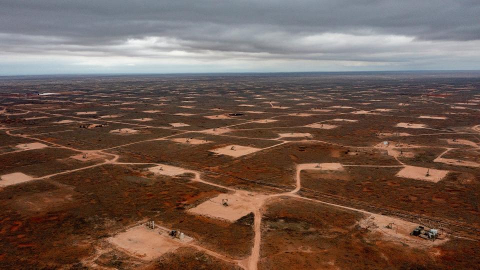 A constellation of oil and gas wells can be seen in this drone photography image west of Hobbs, New Mexico, in March 2024.