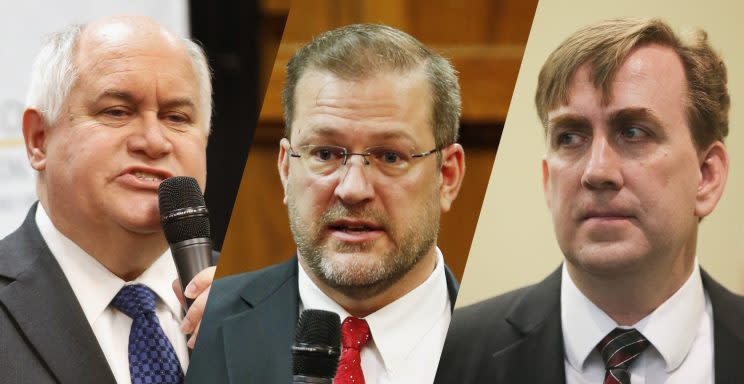 Republican Ron Estes, Democrat James Thompson and Libertarian Chris Rockhold. (Photos: Bo Rader/Wichita Eagle via AP, Travis Heying/The Wichita Eagle via AP)