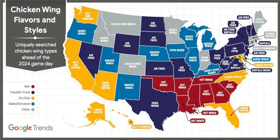 PHOTO: Top searches for chicken wing flavors, styles and recipes for the big game by location. (Google Trends)