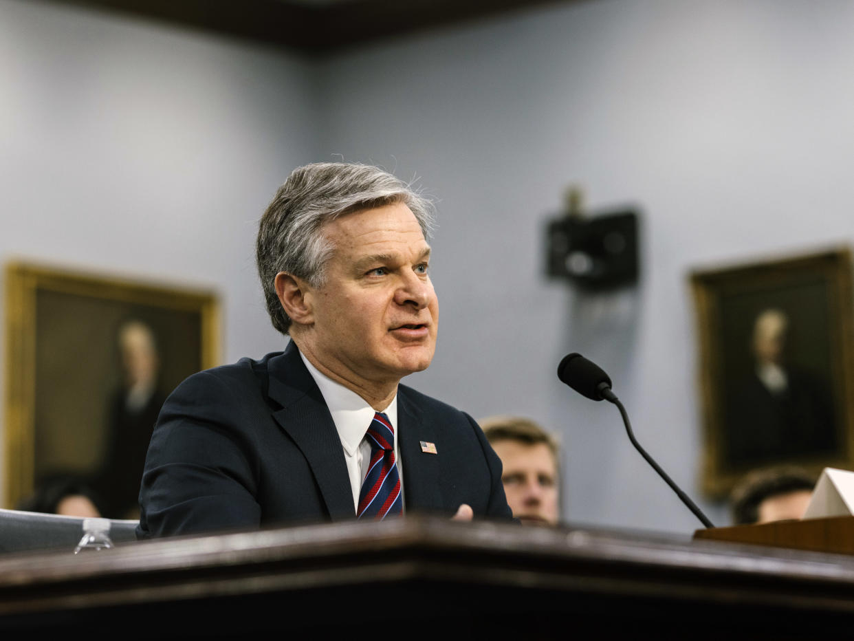 Christopher Wray, director of the Federal Bureau of Investigation, testifies at a hearing on Capitol Hill in Washington on April 11, 2024. (Jason Andrew/The New York Times)