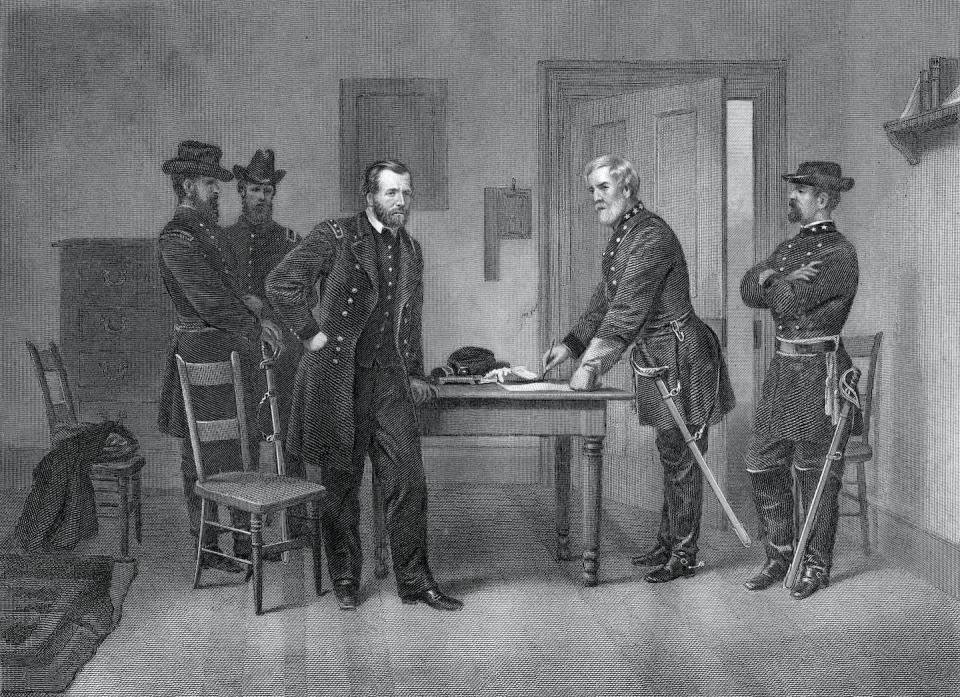 In this illustration, Gen. Ulysses S, Grant, left, accepts the surrender of Gen. Robert E. Lee. <a href="https://www.gettyimages.com/detail/illustration/robert-e-lee-surrenders-to-general-u-s-grant-royalty-free-illustration/112873439?phrase=ulysses%20s%20grant%20robert%20lee&adppopup=true" rel="nofollow noopener" target="_blank" data-ylk="slk:Getty Images;elm:context_link;itc:0;sec:content-canvas" class="link ">Getty Images</a>