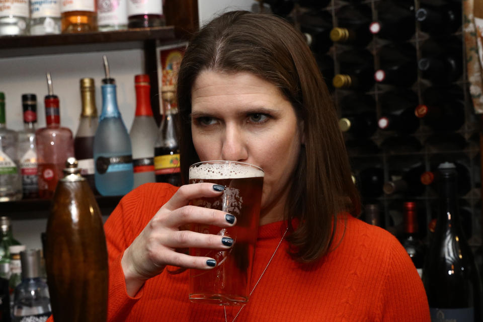 Liberal Democrat Leader Jo Swinson enjoys a pint in Dylans - The Kings Arms on Small Business Saturday during her visit to St Albans, while on the General Election campaign trail.