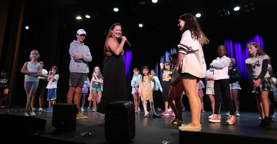 Ashley Brown, the original Mary Poppins on Broadway, offers advice to kids at the Tarrytown Music Hall Academy's two-week theater camp Aug. 1, 2023. The campers are working on their own production of Mary Poppins.
