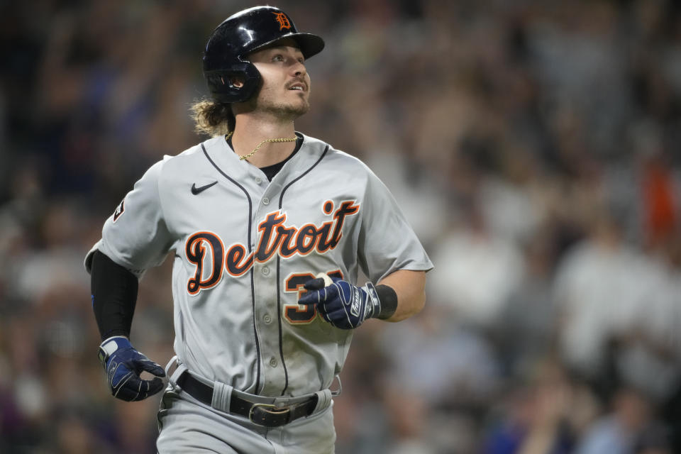 Detroit Tigers' Zach McKinstry heads up the first base line after connecting for a three-run home run against Colorado Rockies relief pitcher Pierce Johnson in the 10th inning of a baseball game Saturday, July 1, 2023, in Denver. (AP Photo/David Zalubowski)