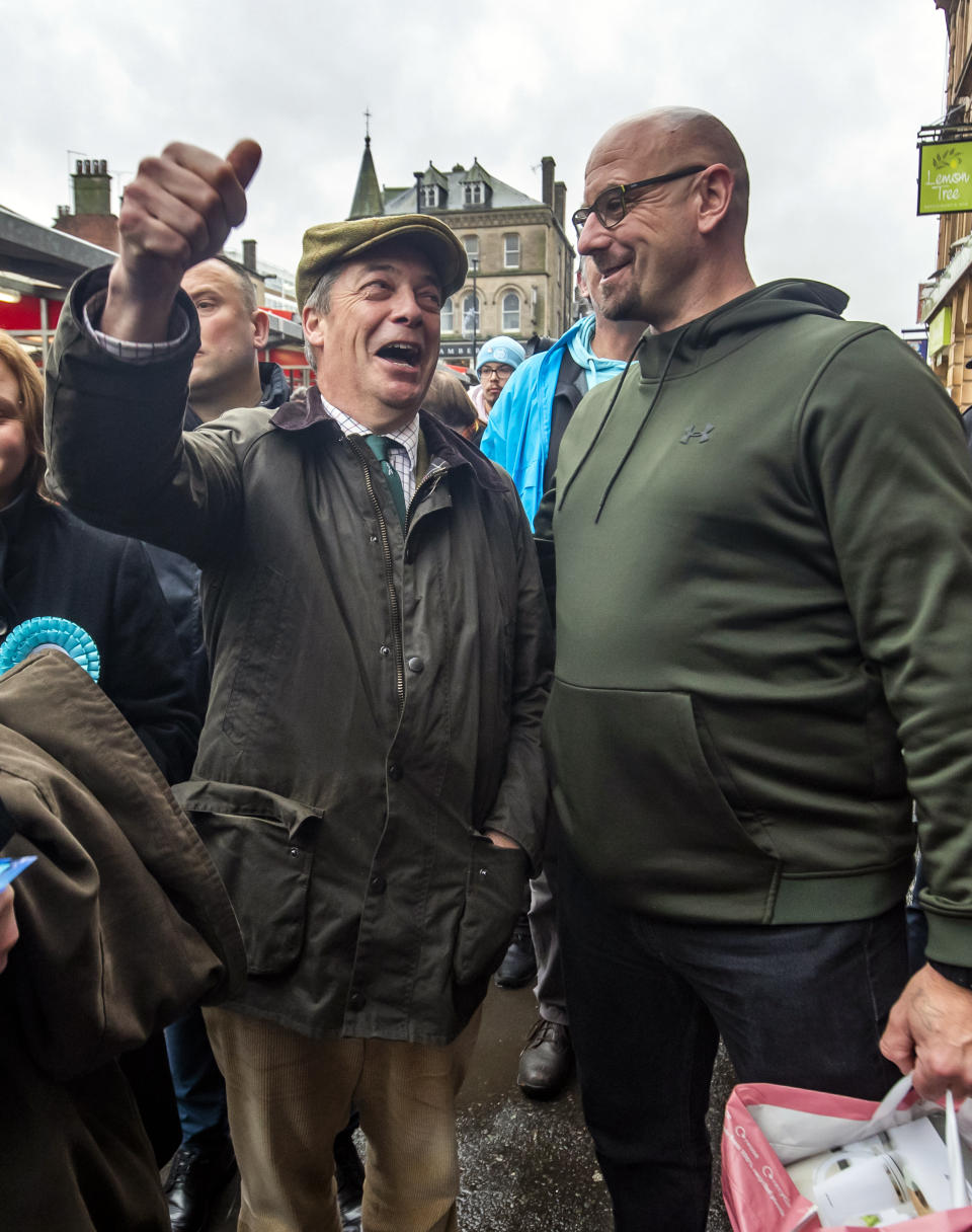 Brexit Party leader Nigel Farage meets locals in Barnsley market, while on the General Election campaign trail.