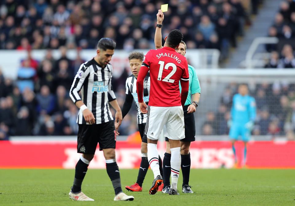 Chris Smalling was booked for diving as he conceded the free kick that led to Newcastle’s winner against Manchester United.