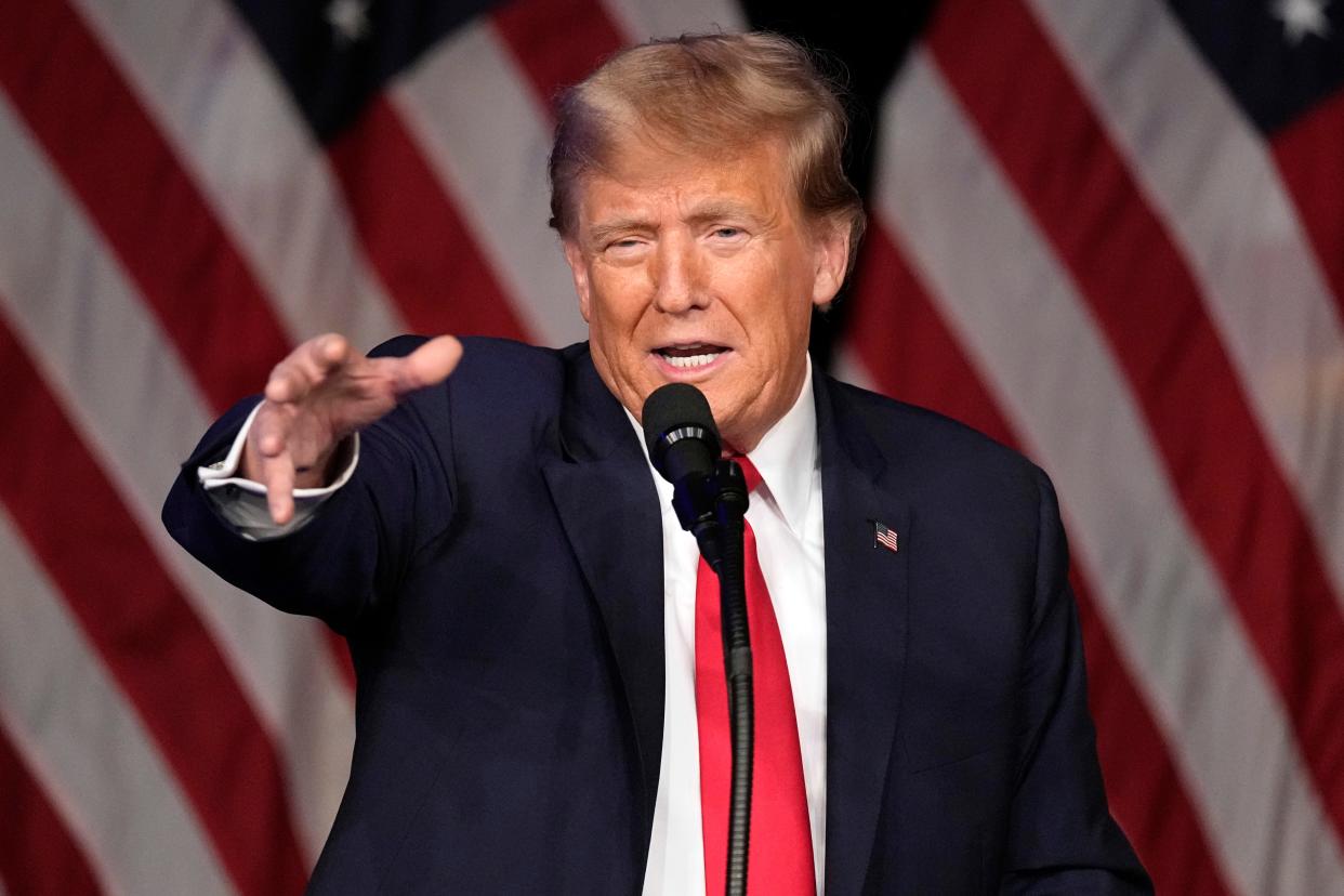 Republican presidential candidate former President Donald Trump speaks at a caucus night rally in Las Vegas, Thursday, Feb. 8, 2024. (AP Photo/Mark J. Terrill) ORG XMIT: NVMT304
