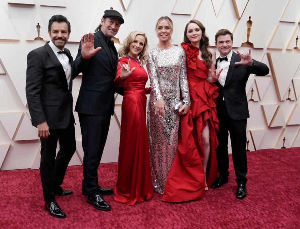 Sian Heder (centre) with Eugenio Derbez, Troy Kotsur, Marlee Matlin, Sian Heder, Emilia Jones, and Daniel Durant (Jae C. Hong/AP) (AP)