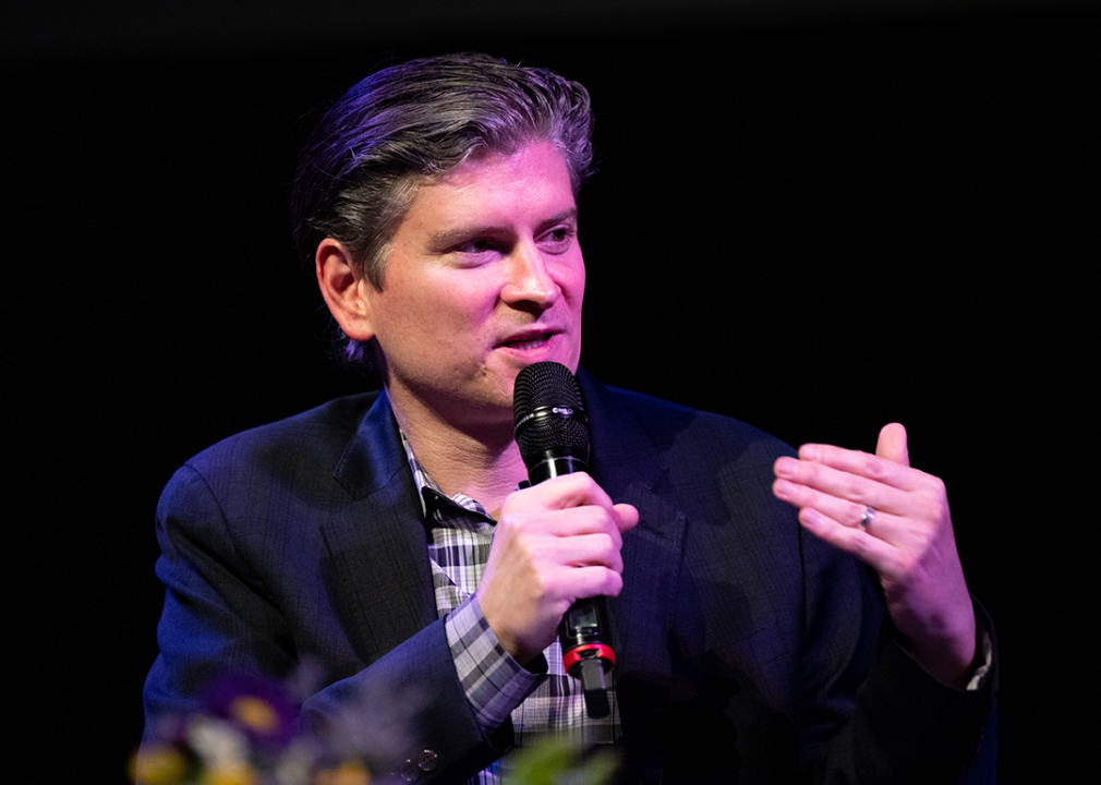 Michael Schur speaks at event.