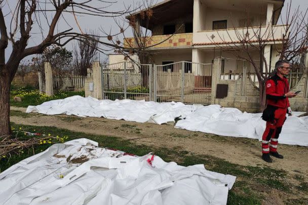 PHOTO: This photo obtained from Italian news agency Ansa, taken on Feb- 26, 2023 shows bags containing the bodies of deceased migrants in Steccato di Cutro, south of Crotone, after their boat sank off Italy's southern Calabria region. (Stringer/ANSA/AFP via Getty Images)