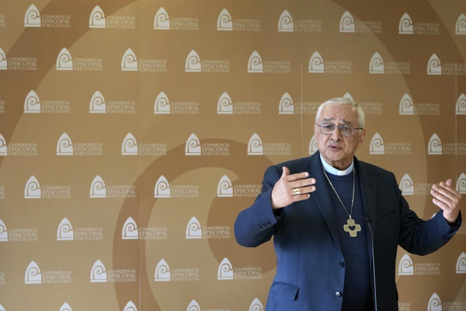 The head of the Portuguese Bishops Conference, Bishop Jose Ornelas, gestures during a news conference to comment on the report released hours earlier by the Independent Committee for the Study of Child Abuse in the Catholic Church, set up by Portuguese bishops, in Lisbon, Monday, Feb. 13, 2023. The Committee says 512 alleged victims have come forward, but their report warned that the true number is likely higher than 4,800. (AP Photo/Armando Franca)