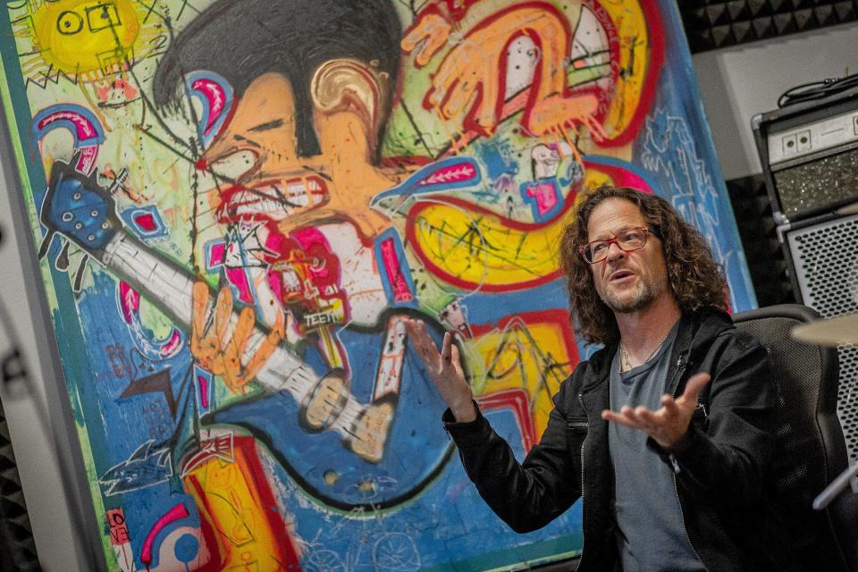 Jason Newsted talks during an interview in his current music studio in Jupiter in early February. The front man for Jason Newsted and The Chophouse Band spoke about overcoming opioids, life as an artist and musician and anecdotes about the Ozzy Osbourne. The former Metallica bassist and longtime town resident will play the Maltz Jupiter Theatre at 8 p.m. April 23.