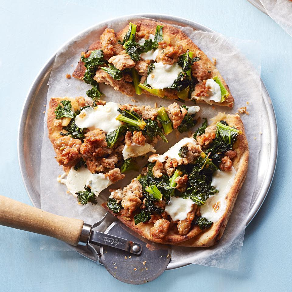 Garlic, Sausage & Kale Naan Pizzas