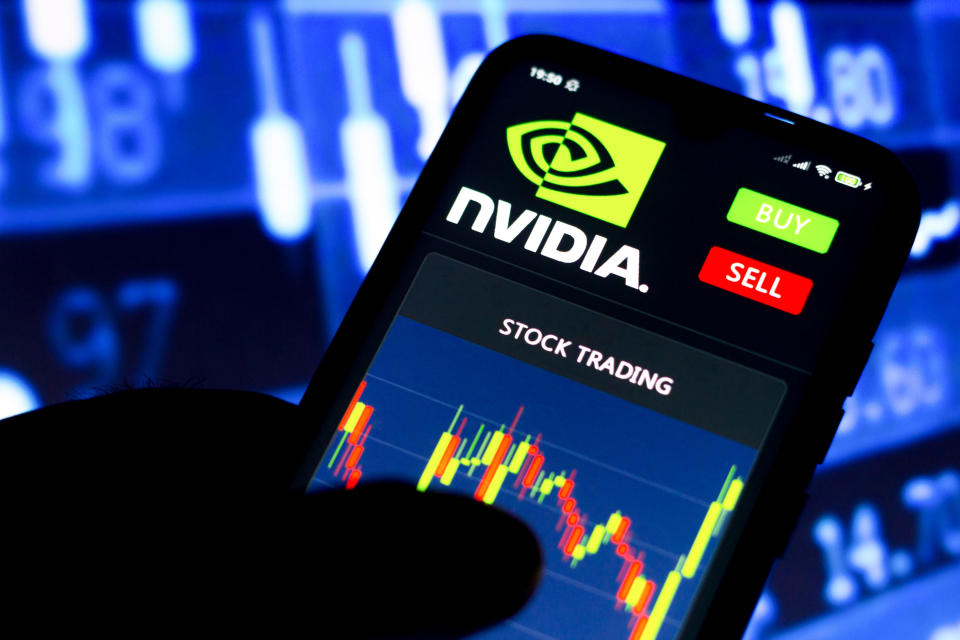 BRAZIL - 2021/07/15: In this photo illustration the stock trading graph of Nvidia Corporation seen on a smartphone screen. (Photo Illustration by Rafael Henrique/SOPA Images/LightRocket via Getty Images)