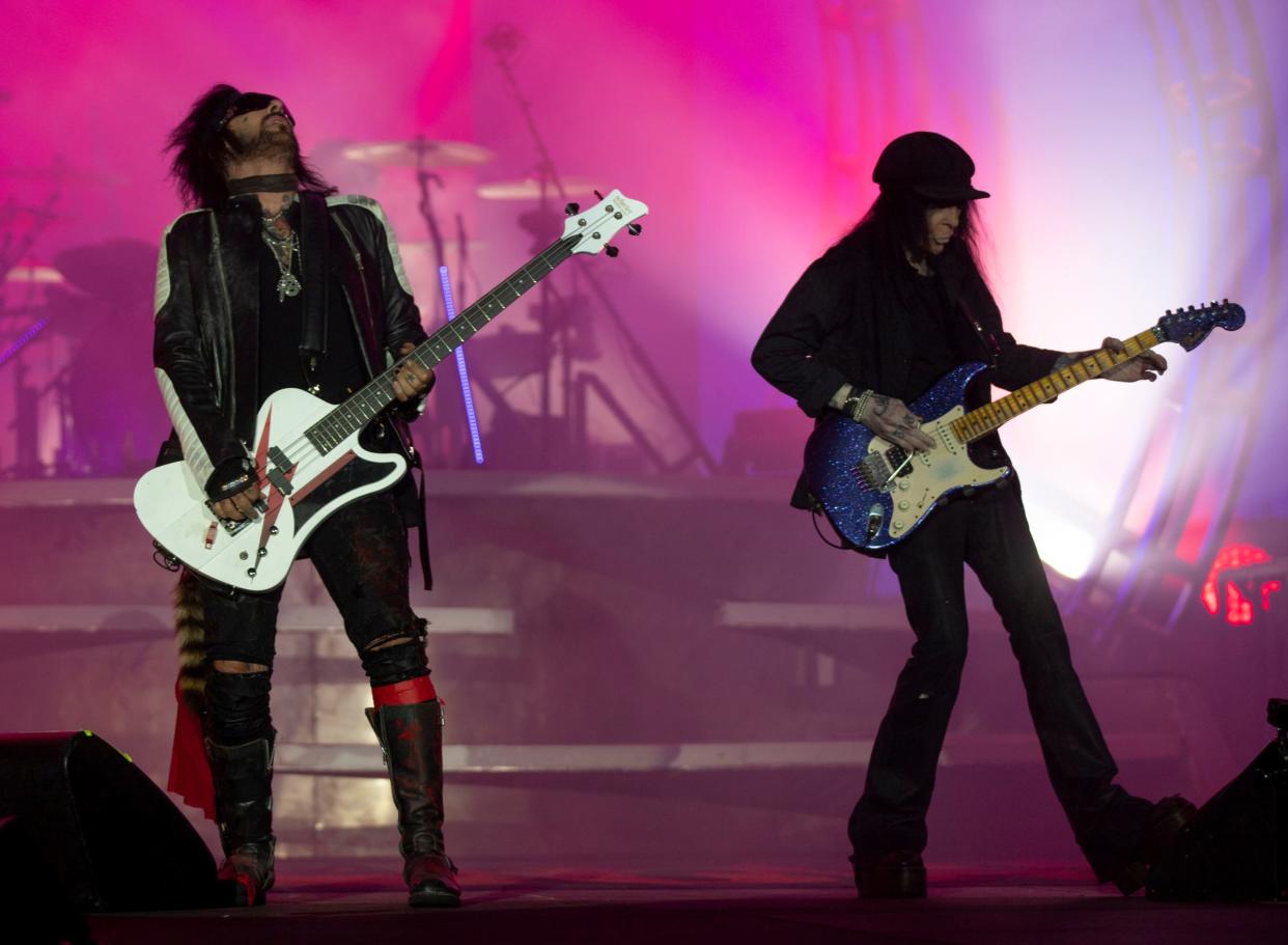 Nikki Sixx and Mick Mars of Motley Crue perform at Comerica Park in Detroit on Sunday, July 10, 2022.
