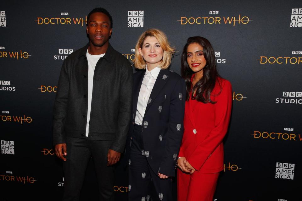 Whittaker with ‘Doctor Who’ co-stars Tosin Cole and Mandip Gill (Getty for BBC America)