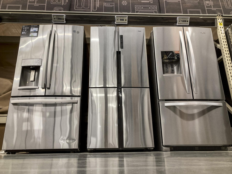 FILE - Refrigerators stand inside a retailer, Sept. 15, 2023, in Marietta, Ga. The Commerce Department releases U.S. retail sales data for January on Thursday, Feb. 15, 2024. (AP Photo/Mike Stewart)