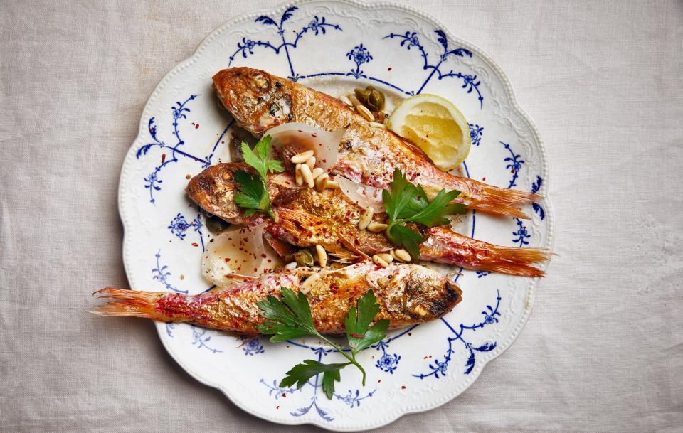 Grilled Red Mullet with Charred Onions and Pine Nuts