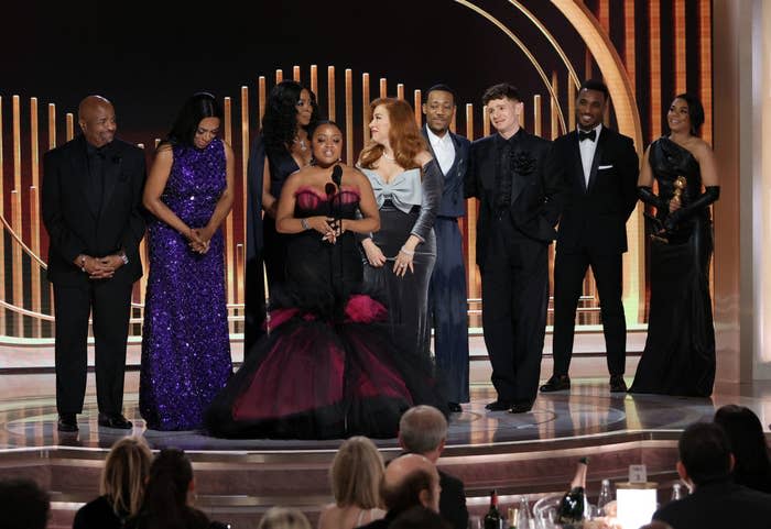 Quinta Brunson and the cast of Abbott Elementary accept the Best Television Series — Musical or Comedy award onstage at the 80th Annual Golden Globe Awards.