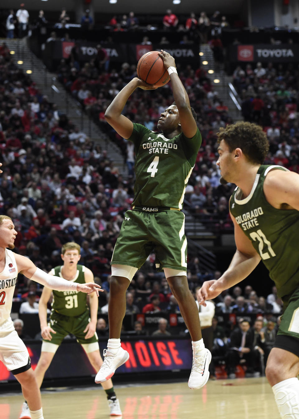 Colorado State guard Isaiah Stevens (4) shoots during the first half of the team's NCAA college basketball game against San Diego State on Tuesday, Feb. 25, 2020, in San Diego. (AP Photo/Denis Poroy)