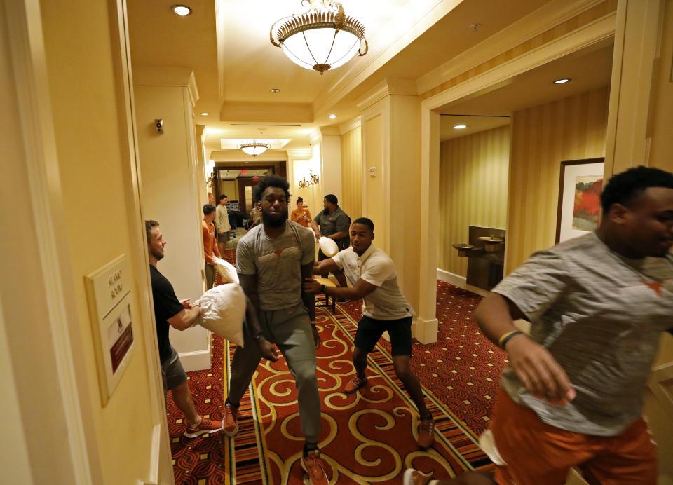 Members of the Texas Longhorns football team run through an obstacle course at the team hotel Saturday Sept. 7, 2019 Austin, Tx. ( Photo by Edward A. Ornelas )