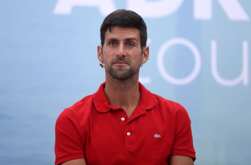 World number one tennis player Novak Djokovic holds a news conference, in Belgrade