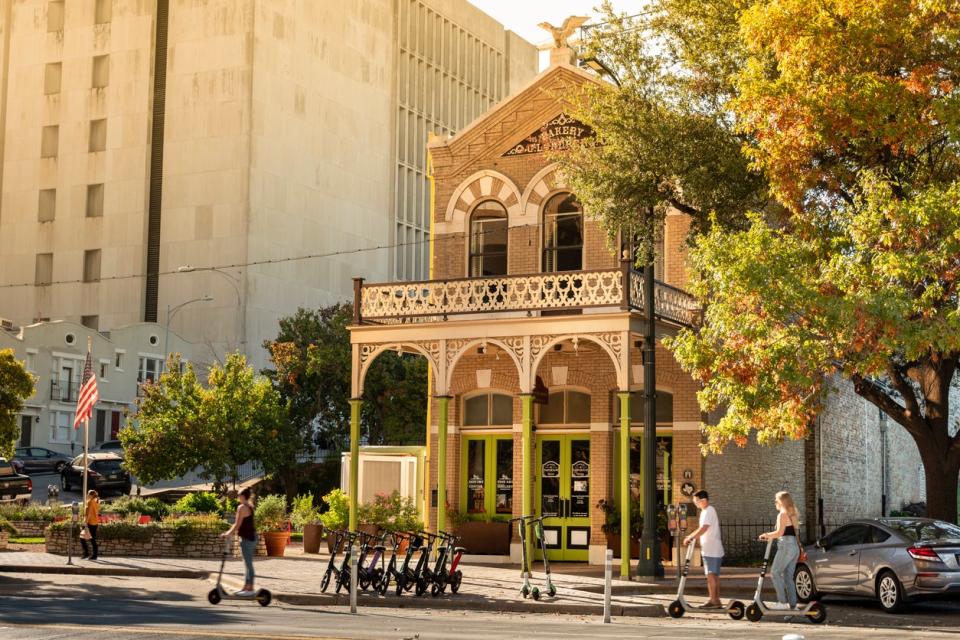 Austin, Texas, USA - November 15, 2021: Historic buildings along Congress Avenue in the capital of Texas Austin USA