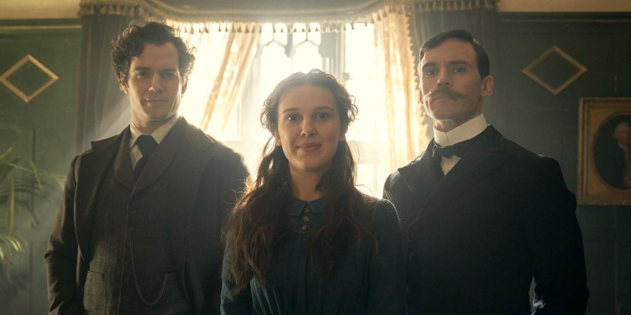 henry cavill as sherlock, millie bobby brown as enola and sam claflin as mycroft in enola holmes