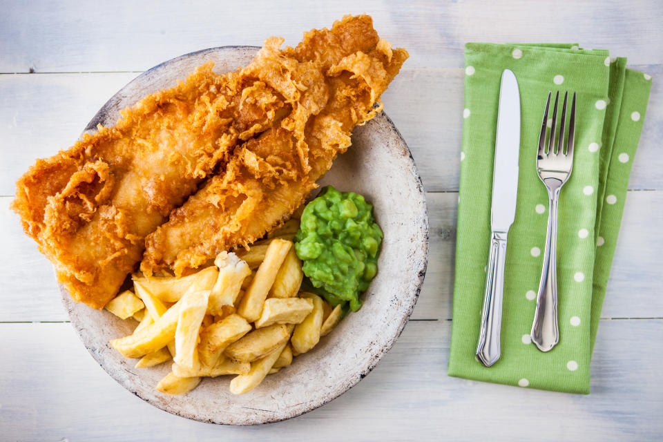 Traditional english food - Fish and chips with mushy peas