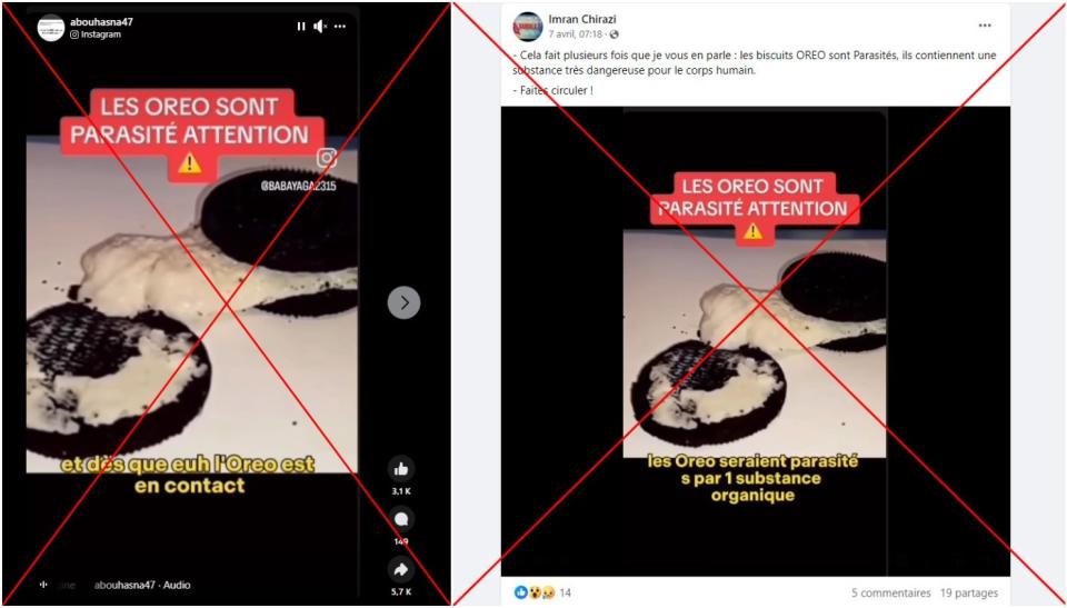 <span>Captures d'écran réalisées sur Instagram (à gauche) et Facebook (à droite) le 18 avril 2024. </span>