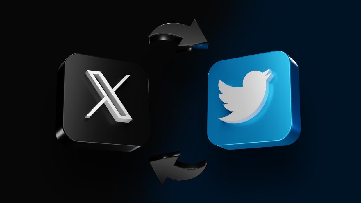  X logo and Twitter logo with arrows showing swap 