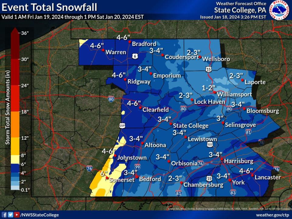 The National Weather Service's snow forecast for Southcentral Pennsylvania for Friday, Jan. 19, 2024.