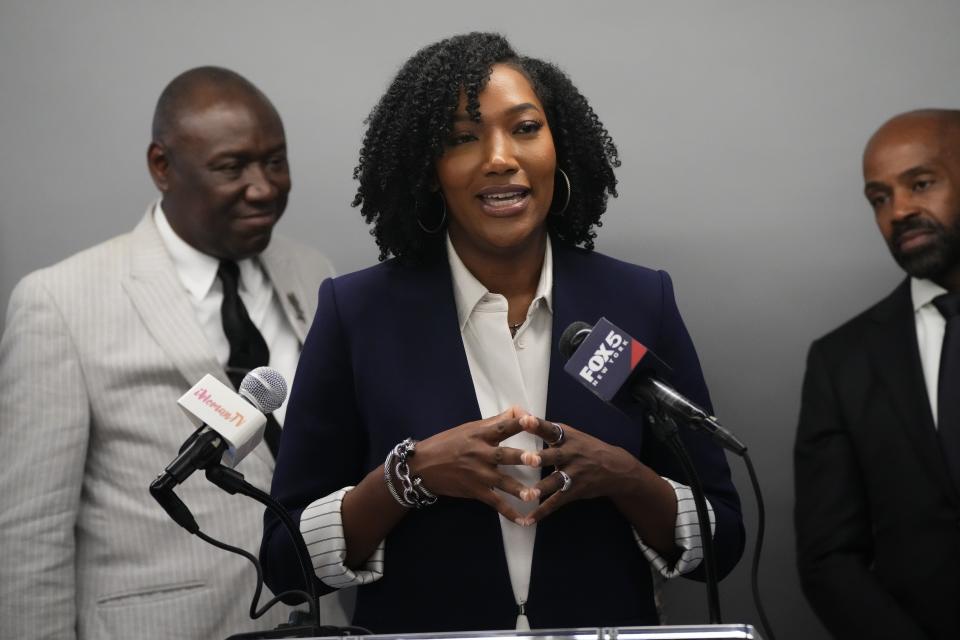 Arian Simone, a Partner at Fearless Fund, speaks during a news conference Thursday, Aug. 10, 2023, in New York. Attorneys for an Atlanta-based venture capital firm being sued over a grant program investing in Black women have vowed to fight back against the lawsuit calling it misguided and frivolous. (AP Photo/Frank Franklin II)