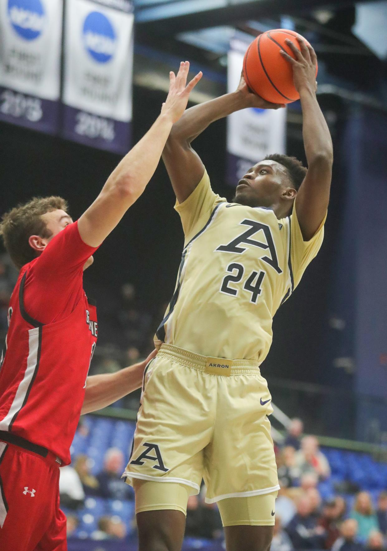 University of Akron's Ali Ali puts up a jump shot against Gardner-Webb on Thursday, Dec. 21, 2023, in Akron, Ohio. [Phil Masturzo/ Beacon Journal]