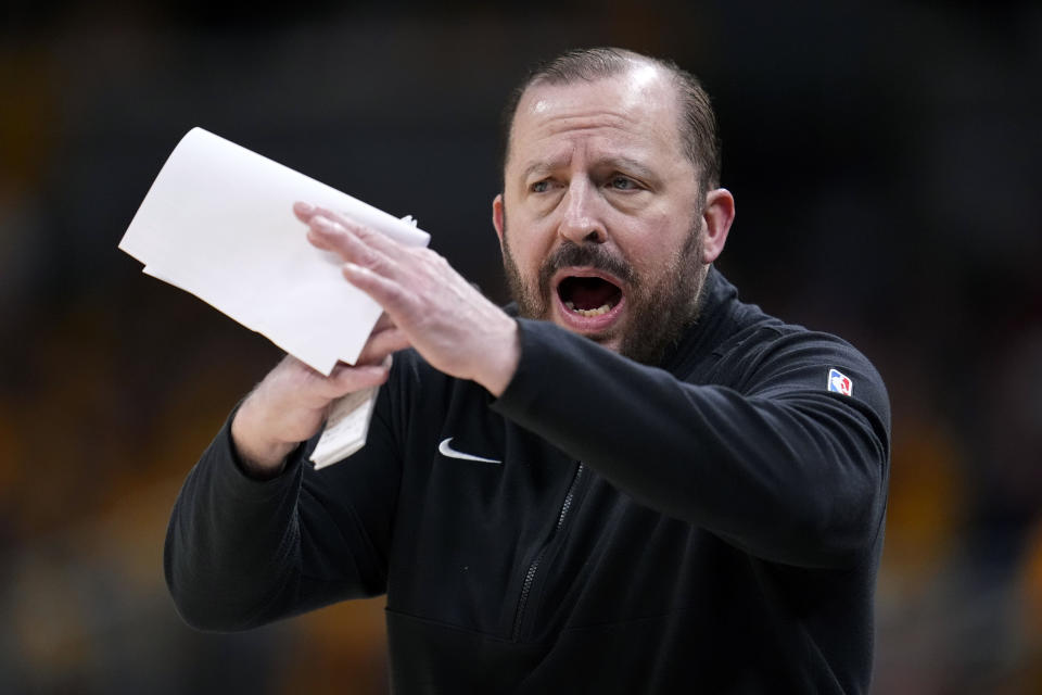 New York Knicks head coach Tom Thibodeau calls a timeout during the second half of Game 3 against the Indiana Pacers in an NBA basketball second-round playoff series, Friday, May 10, 2024, in Indianapolis. (AP Photo/Michael Conroy)