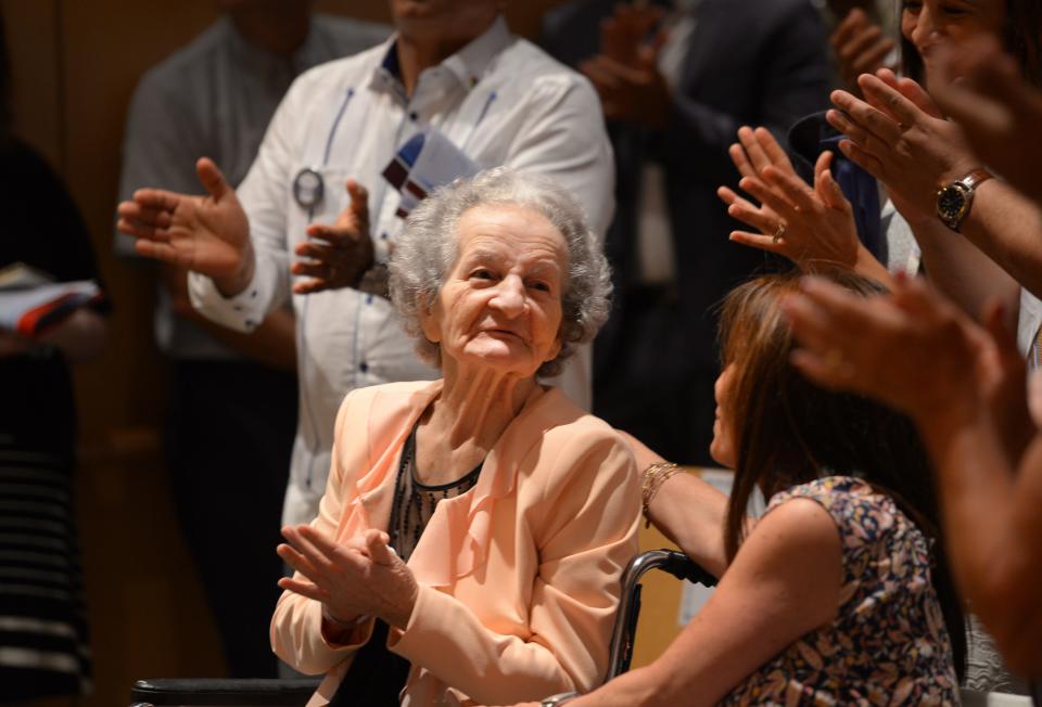 Paterson's new Mayor Andre Sayegh's mother Raymonde Sayegh is mentioned during the City of Paterson Inaugural Ceremony 2018 at the International High School in Paterson on 07/01/18.