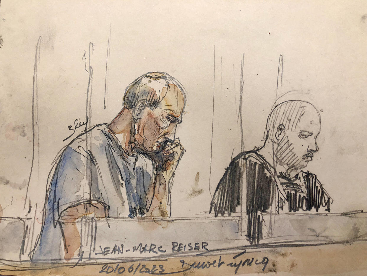 Jean-Marc Reiser (à gauche), dessiné au premier jour de son procès en appel à Colmar le 20 juin.