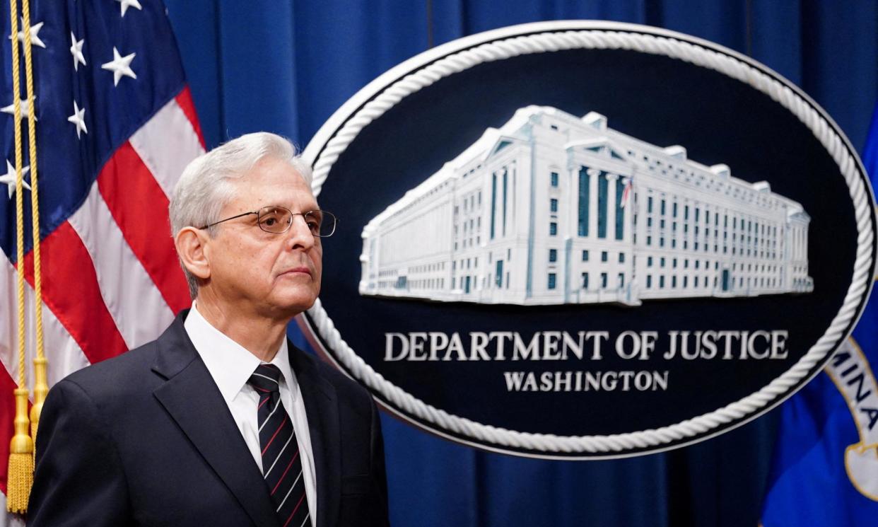 <span>Merrick Garland announces the justice department’s antitrust lawsuit against Google over its digital advertising business, on 24 January 2023.</span><span>Photograph: Kevin Lamarque/Reuters</span>