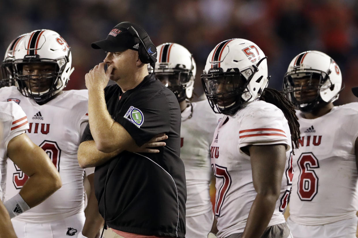 Northern Illinois head coach Rod Carey looks on from the sidelines during the second half of an NCAA college football game against San Diego State Saturday, Sept. 30, 2017, in San Diego. (AP Photo/Gregory Bull)