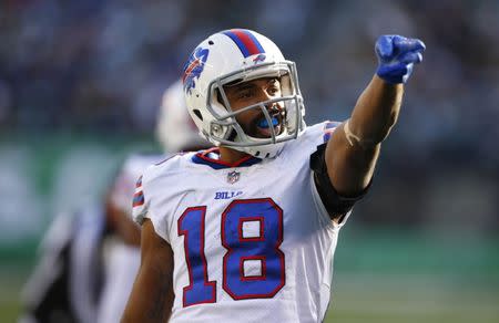 FILE PHOTO: Nov 11, 2018; East Rutherford, NJ, USA; Buffalo Bills wide receiver Andre Holmes (18) reacts after a catch for a first down against the New York Jets during the second quarter at MetLife Stadium. Mandatory Credit: Noah K. Murray-USA TODAY Sports