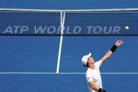 Aug 13, 2018; Mason, OH, USA; Andy Murray (GBR) serves against Lucas Pouille (FRA) in the Western and Southern tennis open at Lindner Family Tennis Center. Mandatory Credit: Aaron Doster-USA TODAY Sports