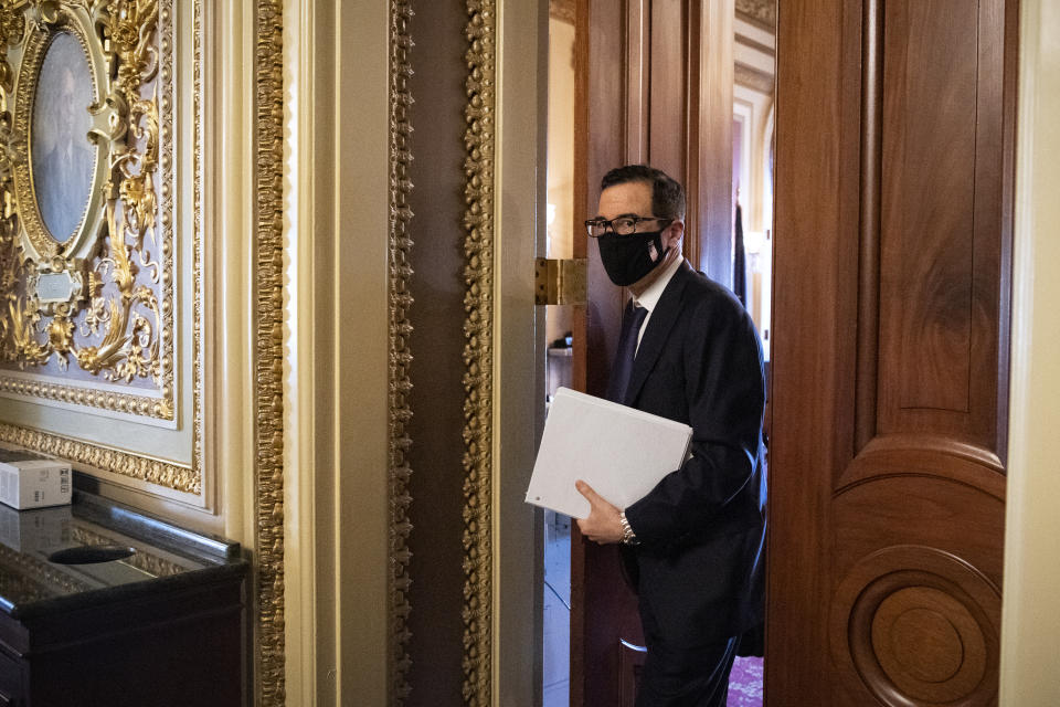 UNITED STATES - JULY 21: Treasury Secretary Steven Mnuchin leaves a meeting on COVID-19 aid in the Capitol in Washington on Tuesday, July 21, 2020. (Photo by Caroline Brehman/CQ-Roll Call, Inc via Getty Images)