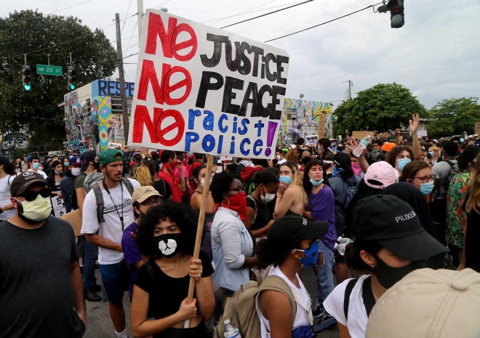 Protestors peacefully started marching from the Richard E. Gerstein Justice Building through Wynwood, on Tuesday, June 02, 2020, as hundreds protested George Floyd’s death.