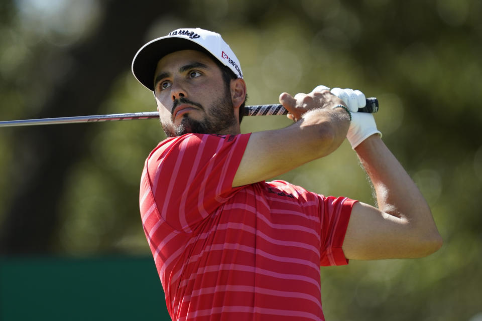 Abraham Ancer watches his shot from the tenth tee during the third round of the Dell Technologies Match Play Championship golf tournament, Friday, March 25, 2022, in Austin, Texas. (AP Photo/Tony Gutierrez)