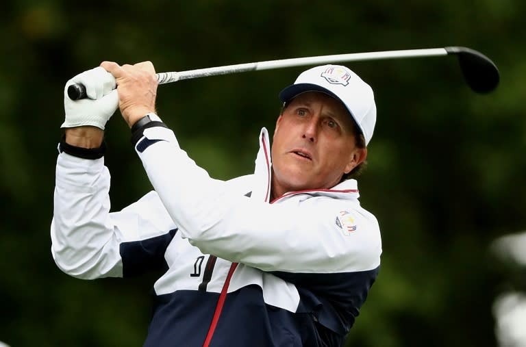 Phil Mickelson of the United States plays a shot during practice prior to the 2016 Ryder Cup at Hazeltine National Golf Club on September 28, 2016 in Chaska, Minnesota