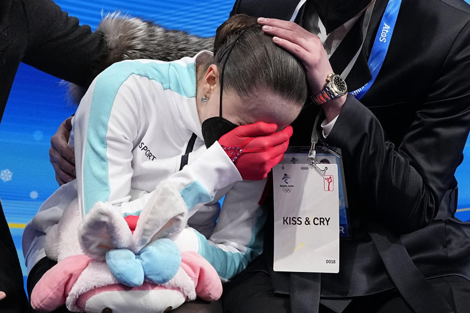 FILE -- Kamila Valieva, of the Russian Olympic Committee, reacts after competing in the women's free skate program during the figure skating competition at the 2022 Winter Olympics, on Feb. 17, 2022, in Beijing. The International Skating Union said Wednesday, Feb. 22, 2023 it has joined the World Anti-Doping Agency in filing an appeal against the decision not to ban Russian figure skater Kamila Valieva over the doping case which overshadowed last year's Winter Olympics. (AP Photo/David J. Phillip)
